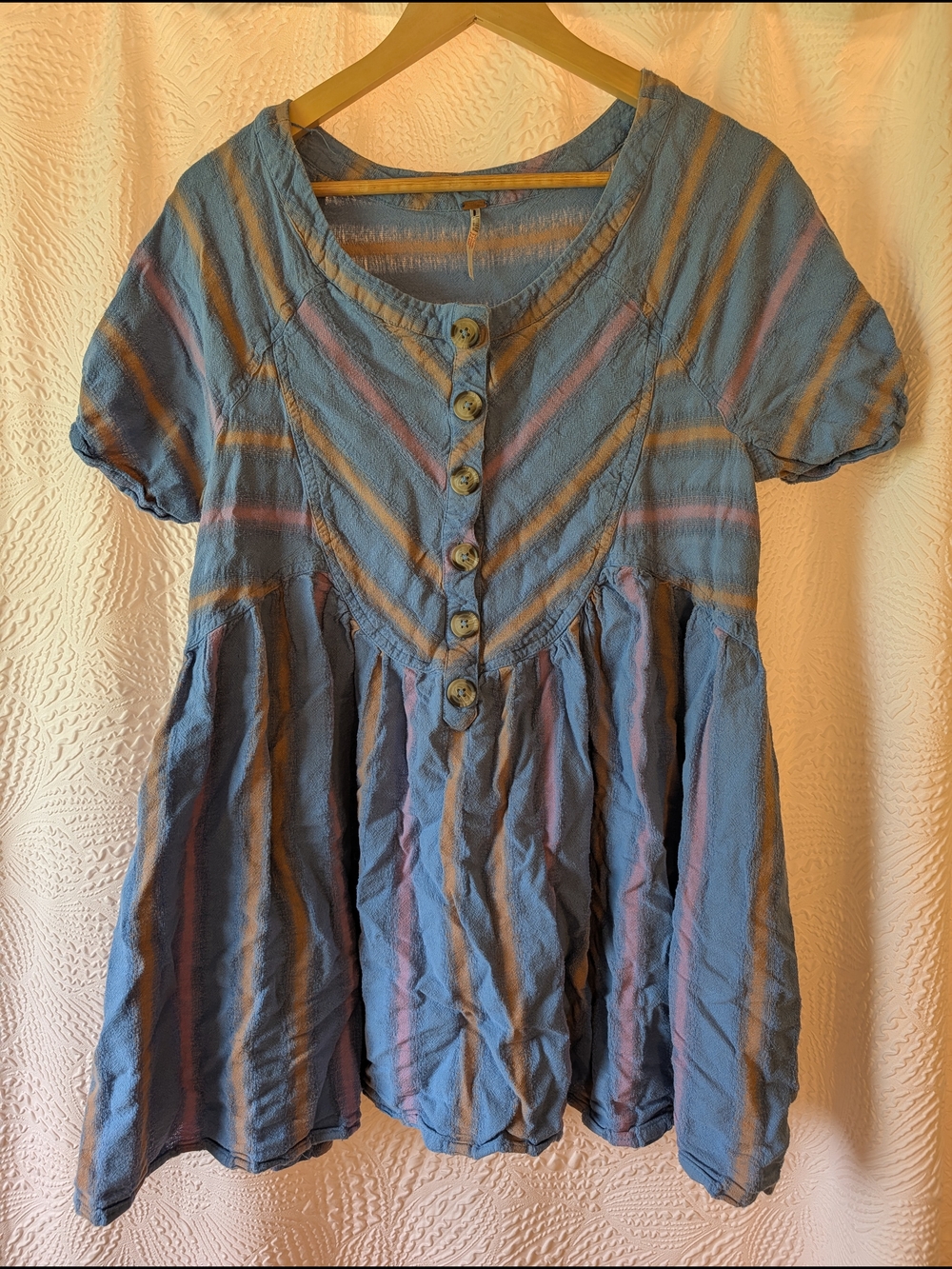 Free People Blue and Peach Lightweight Striped Tunic Top/ Babydoll Dress
